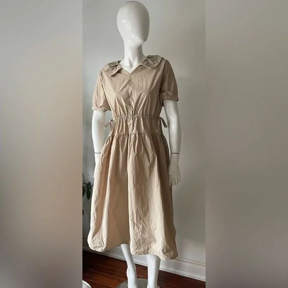 Masion Limo Beige Midi Dress Puff Sleeve Drawstring Waist Minimalist Chic - Picture 4 of 9